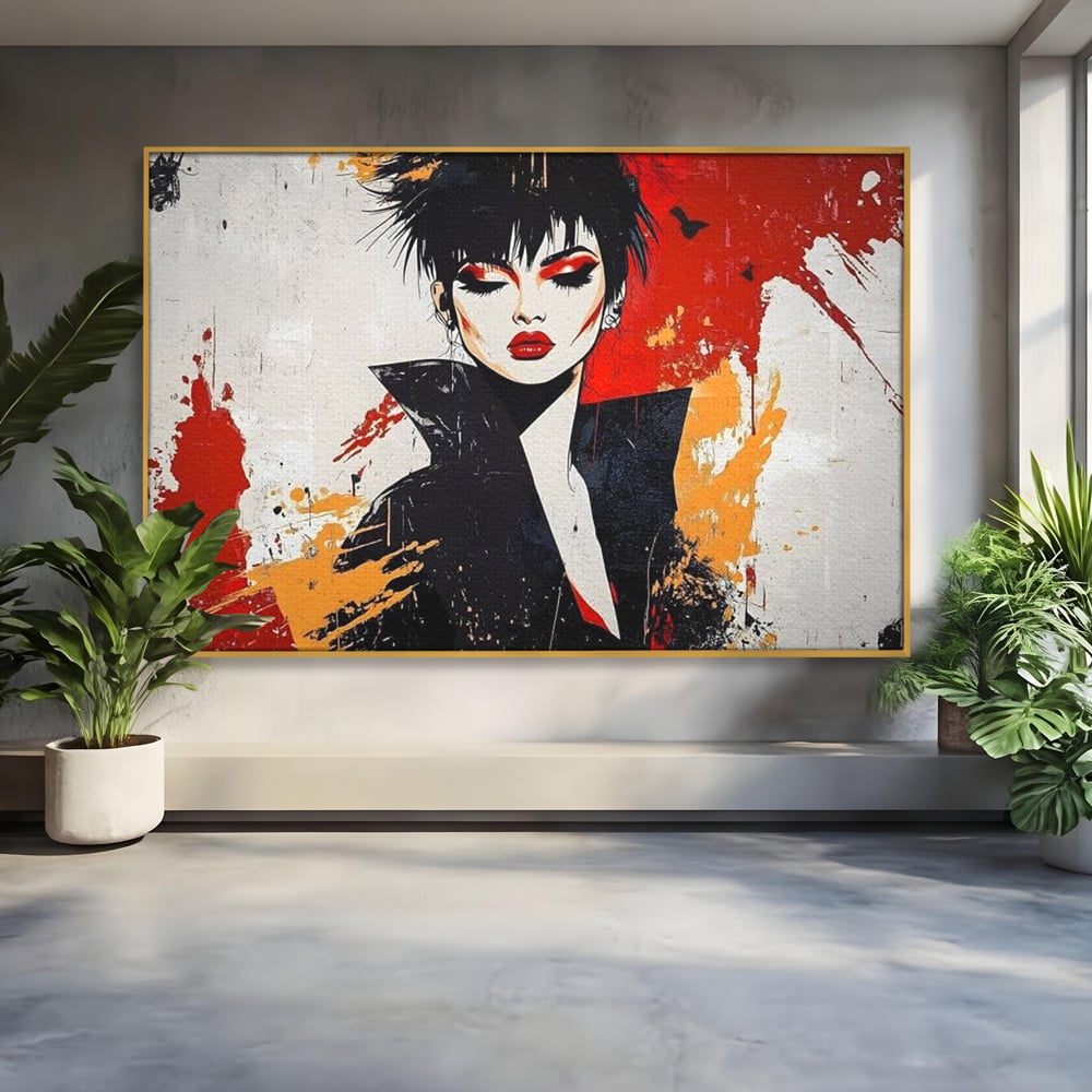 Tablou canvas cu ilustratie digitala cu portret de femeie in stil punk, in rama de aluminiu auriu